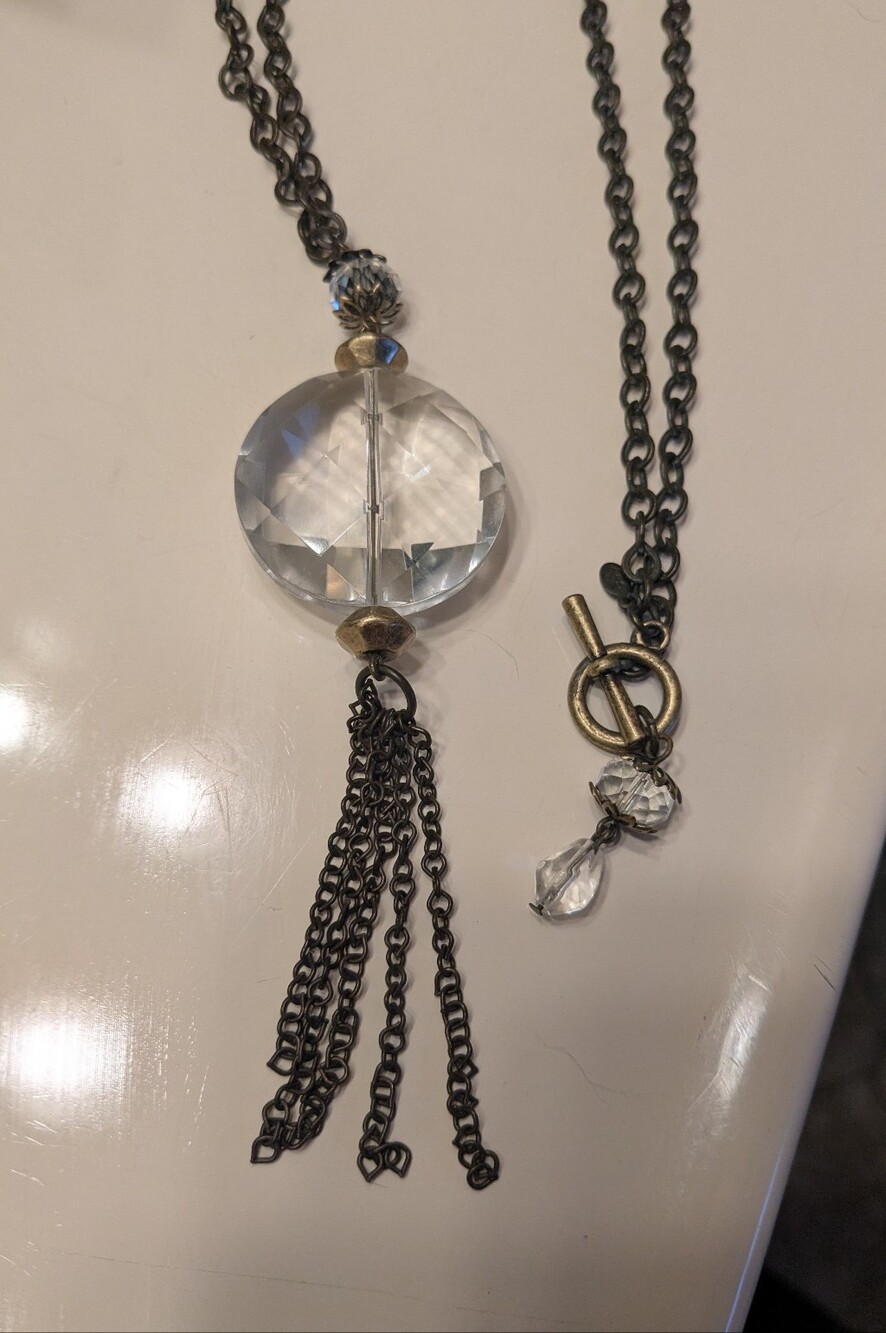 Premier Designs Clear Crystal Pendant Tassel Necklace with Dark Chain